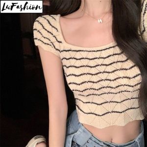 LuFashion Crop Tops for Women Summer Thin Striped Square Neck Slim Knitted Top