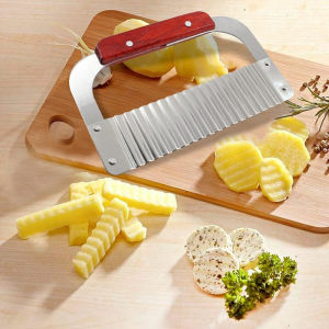 Stainless Steel Potato Slicer Heavy Duty Wooden Handle Wavy Cutter Chopping Tools