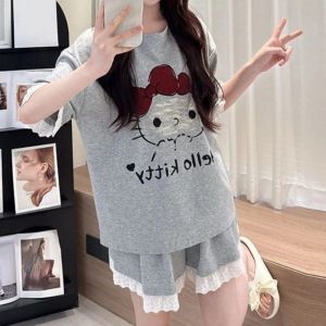 NOVAWEAR Short Sleeve Kitty Cat Nightwear  Chiikawa KT Cat Round Neck Ruffled Pajamas Women Japanese Fashion Chest Cushion Pads Two Piece Nightwears Summer