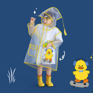 Kids Raincoat EVA Transparent Waterproof Reusable Cute Cartoon Widen Brim Poncho Style Rain Suit