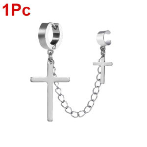 Korean Version Stainless Steel Metal Chain Double Cross Drop Earrings/ Punk Gothic Style Round Piercing Ear Stud/ Women Men Ear Clip Rock Jewelry Gifts