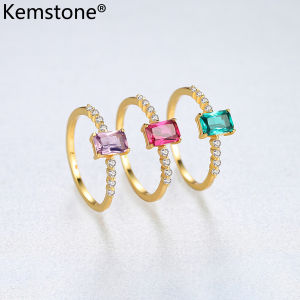 Kemstone Nhẫn Mạ Vàng Pha Lê Hình Vuông Màu Tím Xanh Lá Cây Đỏ Bạc Thật 925 Quà Tặng Trang Sức Nữ Cho Nữ