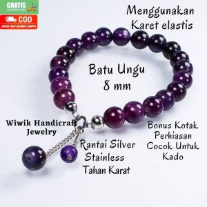 Gelang Tangan Wanita Bracelets Batu Beads Manau Ungu Terong Dirangkai Dengan Karet Rantai Stainless Tahan Karat Kado Hadiah Terbaru