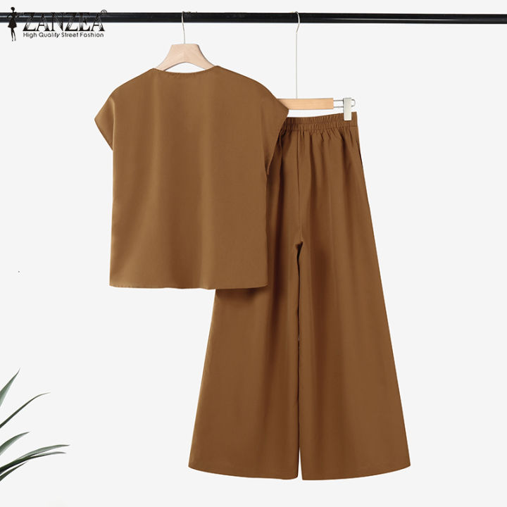 ZANZEA%20Women%20Two-piece%20Outfits%20Raglan%20Sleeve%20V-Neck%20Button%20Up%20Shirt%20Wide%20Leg%20Long%20Trousers%20Solid%20Elegant%20Sets%20#0407%20-%20Image%206
