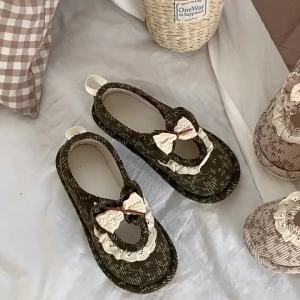 XIXITIAO Phụ Nữ Của mùa xuân và mùa hè Giày độn bông Cổ Điển NƠ REN giam Giày mỏng mùa hè Nhà Thoải Mái Túi Gót Bông Khởi Động