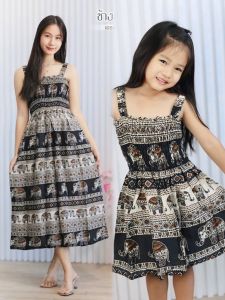 เดรสบ่าย่น เดรสยาว ลายช้าง ผ้าเรยอน เด็ก/ผู้ใหญ่ S M L งานไทย100%