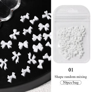 เล็บเจลสีหวานเครื่องรางศิลปะติดเล็บรูปโบว์วุ้นริบบิ้น50ชิ้นสีใส3D สีสันสดใสที่ตกแต่งเล็บฤดูร้อนเครื่องประดับเล็บจากเกาหลี