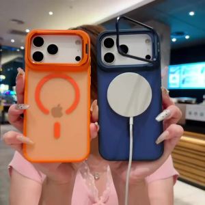 Metal Stand Phone Case for MagSafe for iPhone 17 Pro Max 17 Air Magnetic Transparent Matte PC+TPU Shockproof Cover