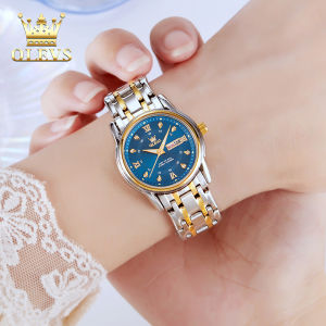 OLEVS jam tangan wanita terbaru 2024 anti air bercahaya kalender berlian dial stainless steel elegan mewah jam tangan perempuan