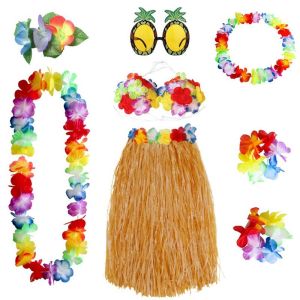 CANICECA 8pcs/set Party Decoration Hawaii Party Supplies Wristbands Garland Glasses Headband Costume Hawaiian Hula Skirt Set Fancy Dress