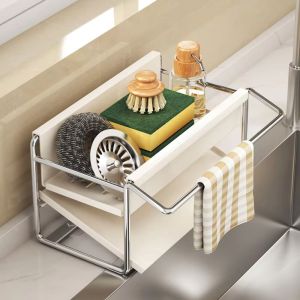 KECTTIO Carbon Steel/Stainless Steel Kitchen Sink Rack Self Drain Auto Drain Tray Dish Soap Rack Organizer Space Saving Dishcloth Drain Rack Kitchen Use