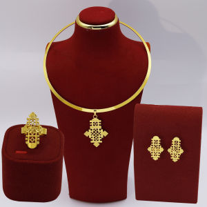 Large round Collar 24K Gold Cross Necklace Ring Pendant and Earrings Set Dubai Bridal Wedding Jewelry