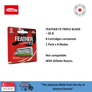 FEATHER F3 TRIPLE BLADE – SE-8 ( PACK OF 8 BLADES - NOT COMPATIBLE WITH GILLETTE RAZORS )
