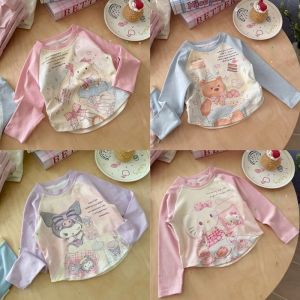 HOBIBEAR เสื้อยืดลายพิมพ์แขนยาวการ์ตูนน่ารักสำหรับเด็กผู้หญิงฤดูใบไม้ผลิฤดูใบไม้ร่วงนุ่มดีไซน์หวานผสมผ้าฝ้าย