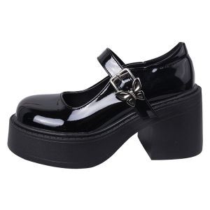 Womens Fashion Round Toe High heel Leather Shoes Cute Bow Rough Heel Mary Jane Shoes