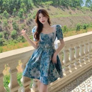 French Princess Dress Square Neck Sweet Temperament Oil Painting Style FairyA-line Dresses for Women