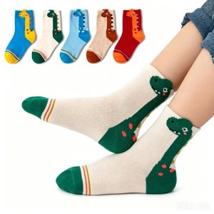 NOBLELYN 5 Pairs Pack Kids Socks Cotton Blend Soft Fabric Dinosaur Socks Colorful Breathable Children Sports Socks For Boys