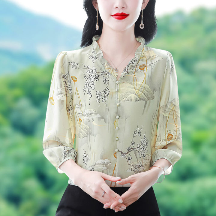 New Fashion Chiffon Korean Style Blouse Green 3/4 Sleeve Length