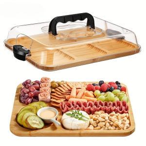 Eco-friendly Bamboo Cheese Tray with Secure Snap-On Acrylic Lid - Portable Food Tray for Camping Parties and Restaurants Food-Grade Wooden Portable Snack Storage Box Suitable for Deli Food Snacks and Outdoor Parties Easy-to-Clean Surface