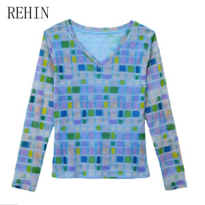 REHIN Womens Mesh V-Neck Color Blocks Plaid Printed Long Sleeve T-shirt Slim Fit Stretch Autumn Winter Fashion Blouse