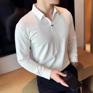 Mens V-neck Long-Sleeved Polo High-End Elasticity Traceless Lapel T-shirt Brown Top Business Casual Stand Collar Slim Fit Top