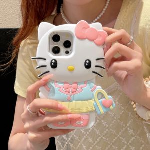 เคสโทรศัพท์ซิลิโคนเหลวนวัตกรรมกระเป๋าถือเจ้าหญิงคิตตี้พร้อมสร้อยข้อมือสำหรับ iPhone 11 12 13 14 15 16ซีรีส์