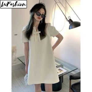 LuFashion Dress Women French Floral V-neck Short Sleeve Summer Casual Solid Color Dress