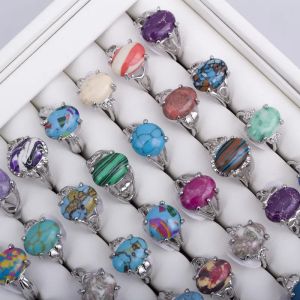 Wholesale50/100 Pcs/Lot Fashion Bohemia Natural Stone Opal Silver Color Metal Rings Jewelry for Women Men Mix Style Gifts for Women Men