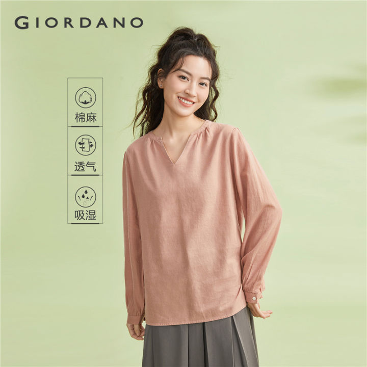 GIORDANO Women Blouses Linen Cotton Lightweight Blouses V