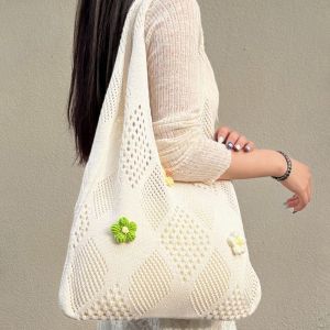 GAMNGFYE Hollow Out Women Knitting Shoulder Bag Large Capacity Flower Decoration Beach Tote Bag Solid Color Woven Bag Top-Handle Casual Crochet Bag For Girls