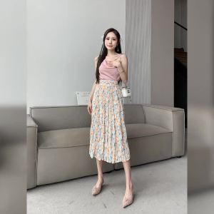 Ammin nghệ thuật pháp màu mực nhòe in hoa váy xếp ly nữ 2024 phong cách mùa xuân/Mùa Hè kỳ nghỉ rộng eo rộng váy Midi Xếp Li