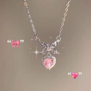 Bow Knot Pendant Necklace Butterfly Tassel Heart Silver Chain Necklace Choker Jewelry for Girlfriend