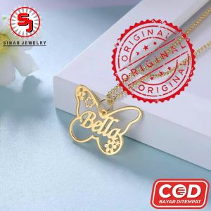 Kalung Nama Titanium Anti Karat Wanita Motif Butterfly Gold Bisa Request Nama Sendiri
