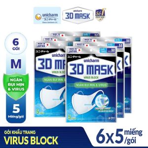 Combo 6 Gói Khẩu trang siêu bảo vệ Unicharm 3D Mask Virus Block size M ngăn bụi mịn và vi khuẩn (gói 5 miếng)