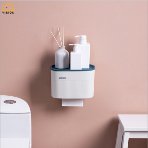 Vision Waterproof Toilet Tissue Paper Roll Box Holder Wall Mount Plastic Storage Box With Cover Bathroom Nail Free Self Adhesive Shelf