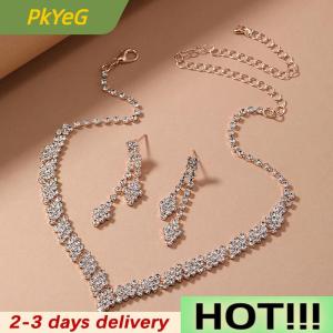 PkYeG 2Pcs Simple Geometric Zircon Necklace Earrings Kit For Women Wedding Bride Jewelry Set Accessories Gift