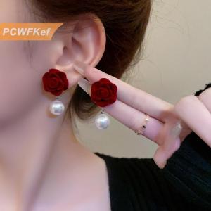 【PCWFKef】 Retro đám cưới Tai Studs Trung Quốc năm mới trang sức bông tai rượu vang đỏ ngọc trai hoa hồng hoa tai