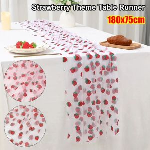 VERMILL 1Pcs Polyester Table Runner Strawberry Theme 180x75cm Table Cloth Durable White Pink Mesh Decorative Tablecloth Baby Shower Party Supplies