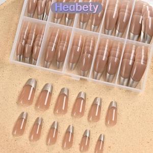 Heabety 120pcs box Nude Gold French Press On Nails 12sizes Extra Trapezoid Full Cover Soft Gel False Nail Tips For Nail Extension Manicure DIY