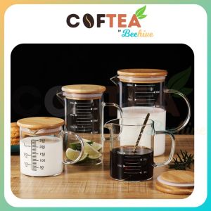 Minimalist Wooden Bamboo Lid Measuring Coffee Milk Glass Cup 350ml - 500ml