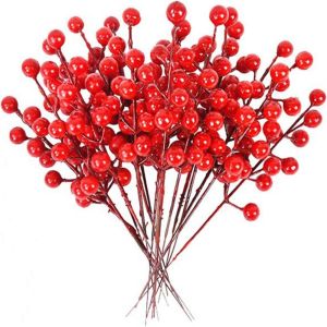 HOUCHU 50Pcs Reusable Artificial Red Berries Bright Color 7 Head Faux Berry Branches Beautiful 6.30Inch Christmas Ornament Christmas