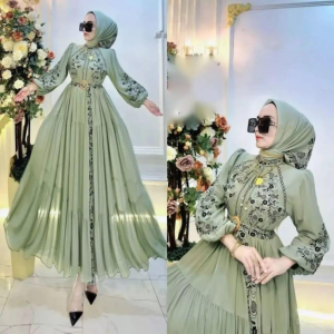 Gamis Jumbo Mewah Model Terbaru Elmira Dres Ceruty Babydoll Aplikasi Bordir M L XL XXL 3XL Dress Kondangan Elegan Busui Baju Muslim Wanita Seragam Pernikahan