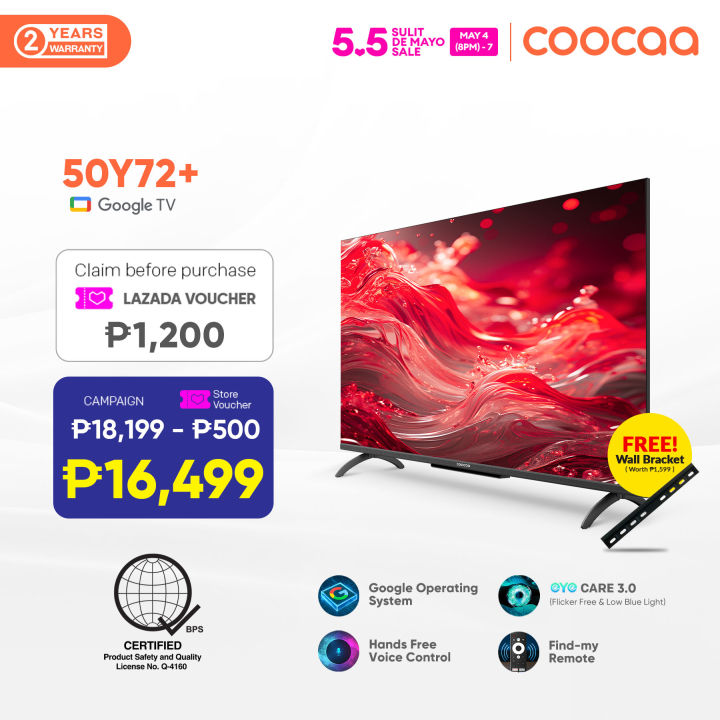 【NEW】COOCAA 50 Inch 4K Google TV ,Flicker Free, Dolby Audio, Voice Control, Twinkle Stellar (50Y72+)