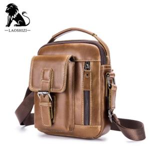 LAOSHIZI Genuine Leather Shoulder Bag Men Messenger Bags Small Casual Flap Zipper Design Male CrossBody Bag