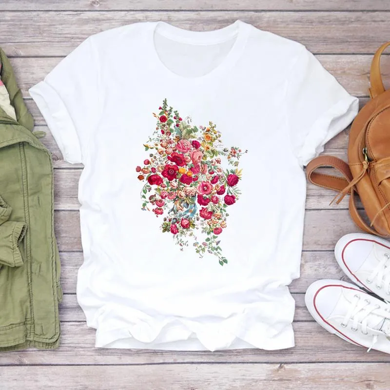 Short Sleeve Women's Print Tee Flower Sweet 90s Lovely Style