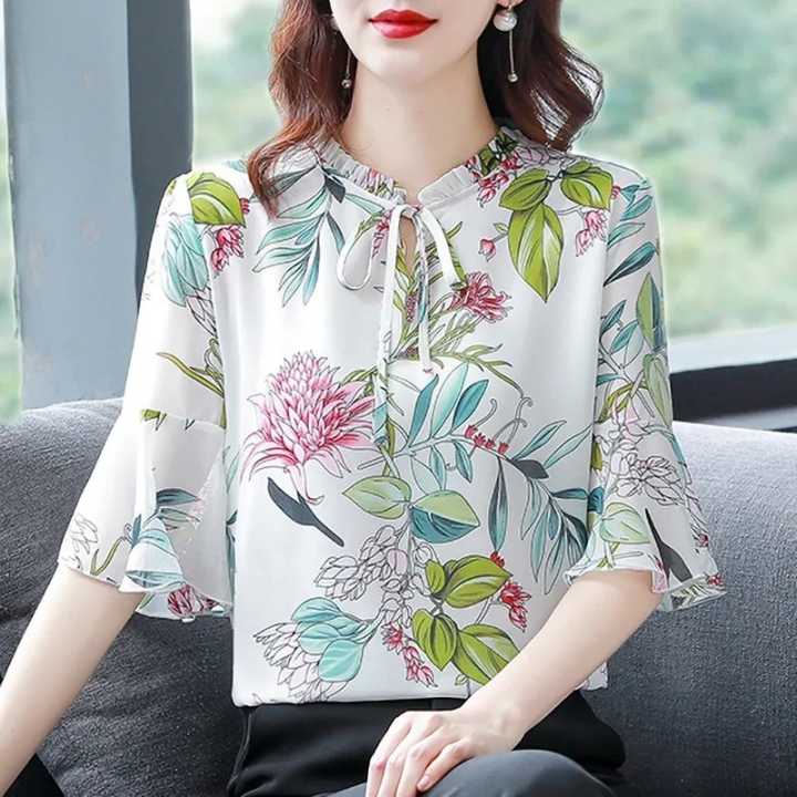 Women Chiffon Blouse Korean Style Printed Floral Blouse Woman Tops Short  Sleeve Loose Casual Shirt 4XL