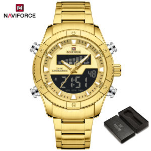 NAVIFORCE Original Mens Fashion Dual Time Watch LCD Digital Display Quartz Luminous Pointer Calendar Date Stainless Steel Strap Waterproof 30m Business Casual Multifunctional Mens Watch Gift NF9259