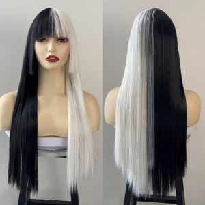 BNUE1 28-Inch Long Yaki Straight Wig Layered Natural Straight Bangs Hairpiece Fake Hair Toupee Cosplay Halloween Wig for Women