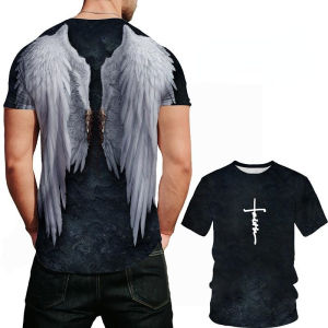Trend Angel Wings Pattern T-shirts Fashion Summer Short Sleeve Mens 3D Cross Printed T Shirts Cool Streetwear Oversized Tees