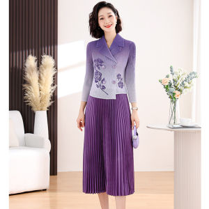 Miyake 2025 Spring/Summer New Japanese Style Plus Size Oversize Elegant Waist Slimming Rose Print Blazer Collar Fake Two-Piece Dress for Women